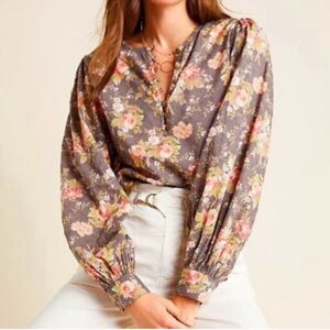 Anthropologie Michaela Peasant Blouse Floral Loose Fit Long Sleeve Size XS NWT